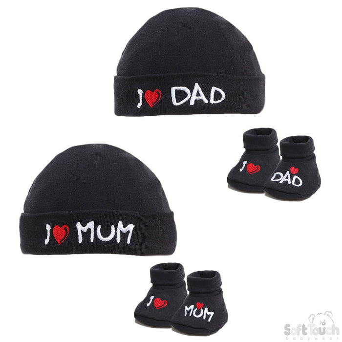 BLACK BABY HAT & BOOTEE SET - I LOVE M/D (NB-3MONTHS) HB12-BLK