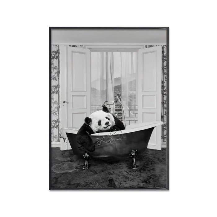 BLACK & WHITE ART SERIES - FRAMED CANVAS ART - PANDA BATH TIME