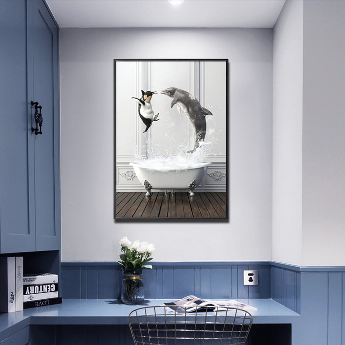 BLACK & WHITE ART SERIES - FRAMED CANVAS ART - PENGUIN & DOLPHIN BATH TIME