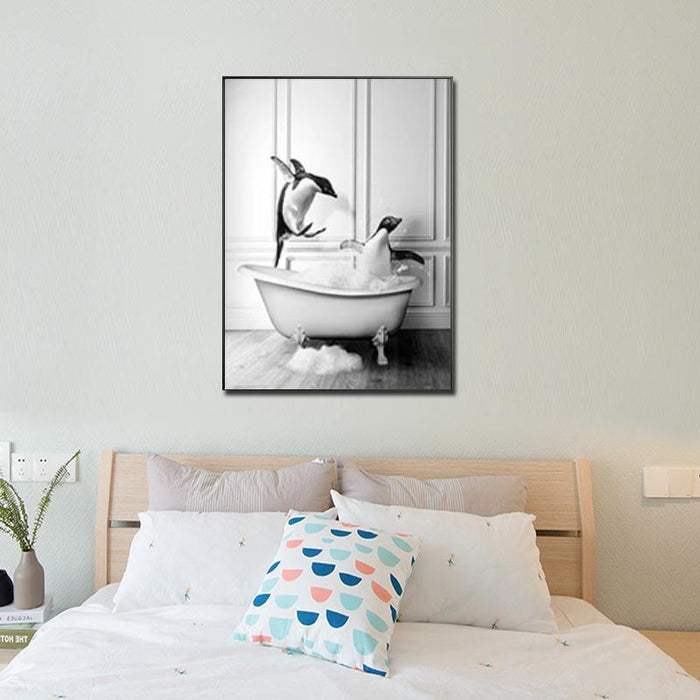 BLACK & WHITE ART SERIES - FRAMED CANVAS ART - PENGUINS
