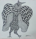 Black & White Stylized Forest Bird – Hand-Painted Gond Painting   Paintings