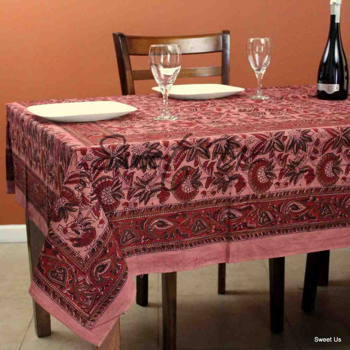 Block Print Cotton Floral Tablecloth Rectangle Brick Red Brown Tan - Sweet Us