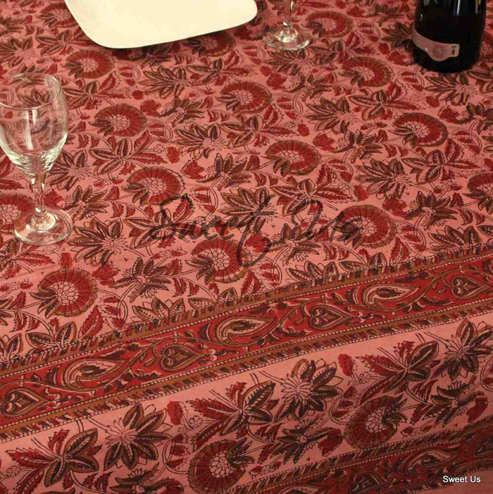 Block Print Cotton Floral Tablecloth Rectangle Brick Red Brown Tan - Sweet Us
