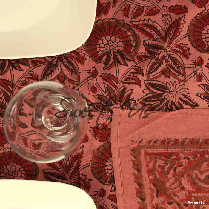Block Print Cotton Floral Tablecloth Rectangle Brick Red Brown Tan - Sweet Us