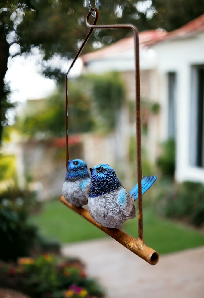 BLUE WREN PAIR ON A RUSTED HANGING FRAME
