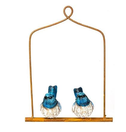 BLUE WREN PAIR ON A RUSTED HANGING FRAME