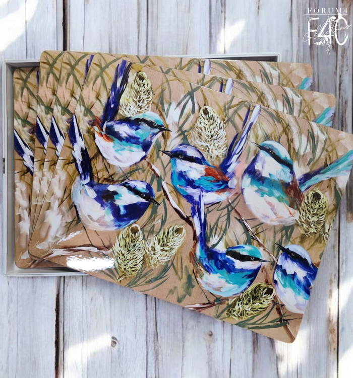 Blue Wrens 4pc Hard Back Placemat Set - Artist Lab