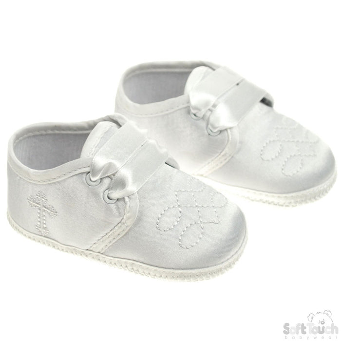 BOYS SATIN SHOES CHRISTENING W/EMBROIDERY & RIBBON TIES: (B92-C)