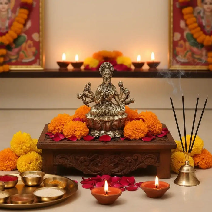 Brass Ashta Lakshmi Idol Seated on Lotus - Eight-Armed Goddess   Brass Ware