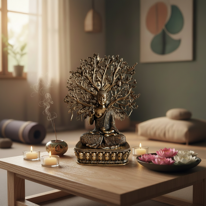 Brass Meditating Gautama Buddha statue under a Bodhi tree, detailed brass artwork.