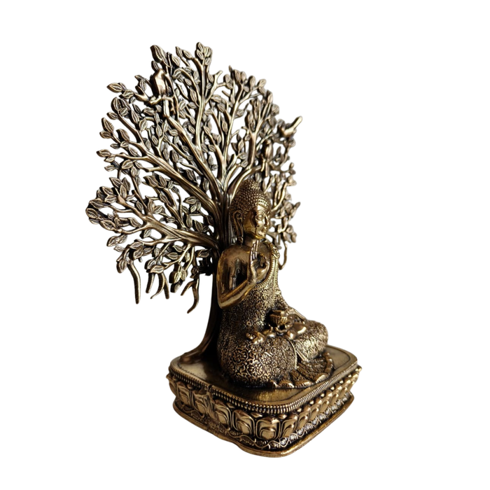 Brass Meditating Gautama Buddha statue under a Bodhi tree, detailed brass artwork.