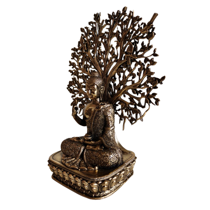 Brass Meditating Gautama Buddha statue under a Bodhi tree.