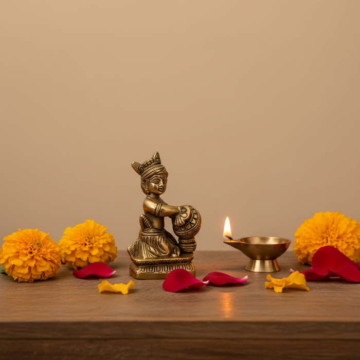 Brass Butter Krishna Idol (Makhan Chor) for Home & Pooja Decor   Brass Artwork