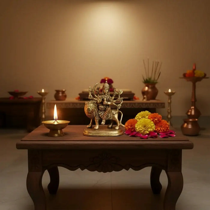 Brass Goddess Durga idol, divine protector, riding a lion, brass ware.