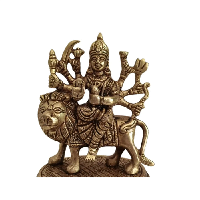 Brass Goddess Durga Idol, divine protector on lion, brass ware.