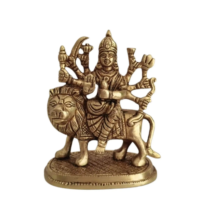 Brass Goddess Durga Idol, divine protector, riding lion.