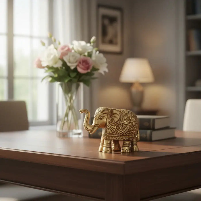 Brass Elephant Figurine with Raised Trunk – Symbol of Good Luck and Strength   Brass Ware