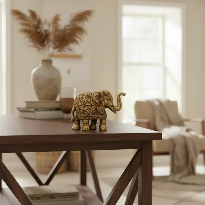 Brass Elephant Figurine with Raised Trunk – Symbol of Good Luck and Strength   Brass Ware