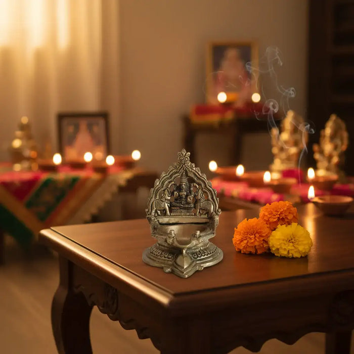Brass Gaja Lakshmi Diya (Oil Lamp with Elephants)   Brass Ware