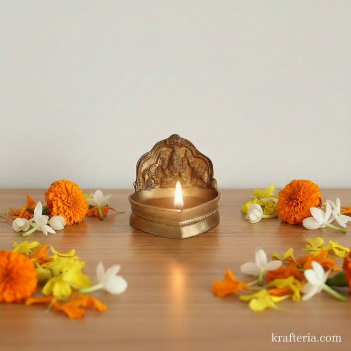 Brass Gajalakshmi brass diya, a beautiful oil lamp showing Goddess Lakshmi with elephants.