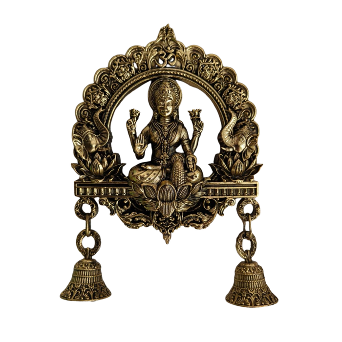 Brass Finish Gajalakshmi Wall Hanging with Bells   Brass Artwork