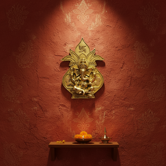 Brass Ganesha wall hanging in Kalash with Swastika.