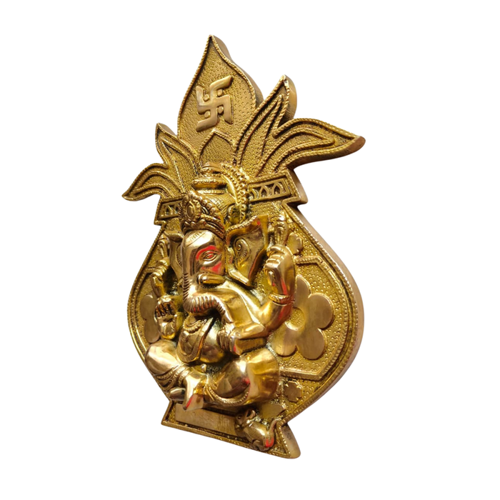 Brass Ganesha wall hanging in Kalash with Swastika.