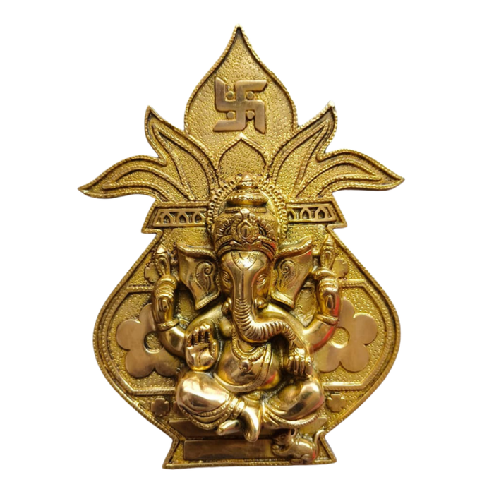 Brass Ganesha wall hanging in Kalash with Swastika.