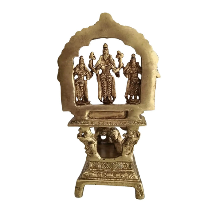 Brass Garuda Vishnu idol with Sridevi & Bhudevi, traditional Hindu temple sculpture.