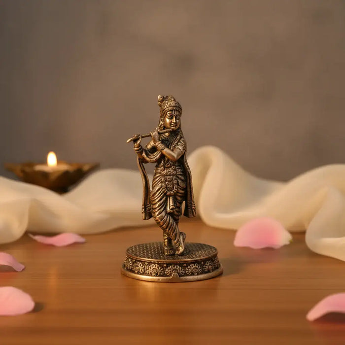 Brass Idol of Lord Krishna with Flute ( Murali ) on Detailed Pedestal   Brass Ware