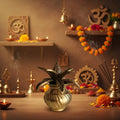 Detailed Brass Kalasha with Lotus leaves, sacred Indian pot.