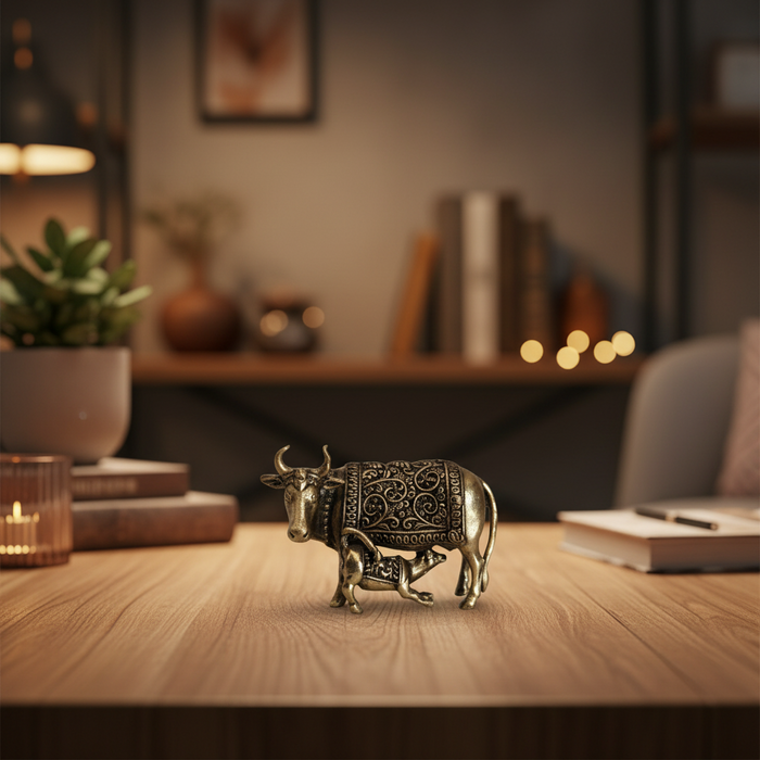 Brass Kamadhenu Cow and Calf Statue   Brass Artwork