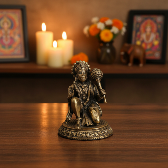 Brass Kneeling Hanuman Statue – Bajrangbali Idol with Gada for Protection   Brass Artwork