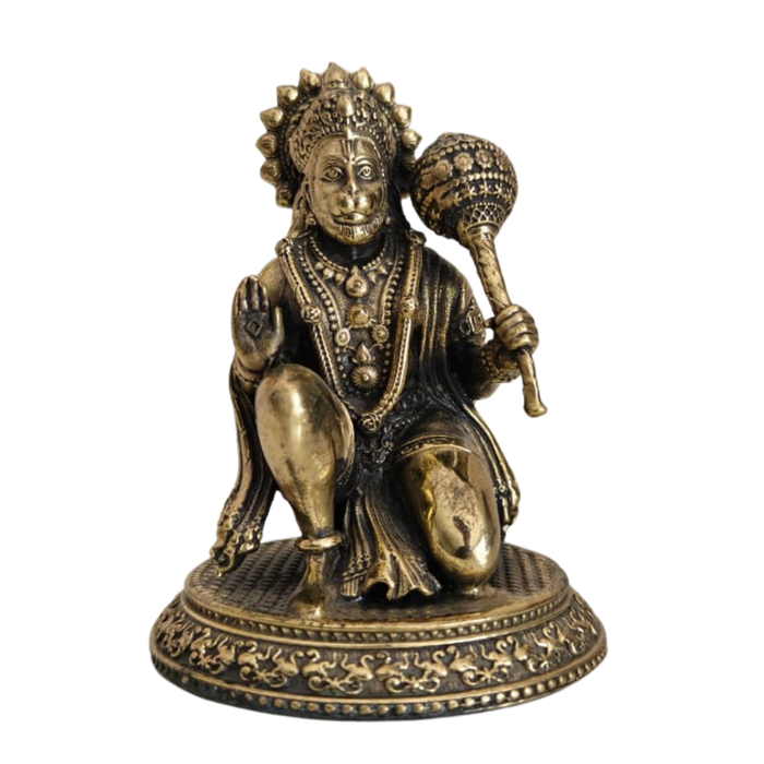 Brass Kneeling Hanuman Statue – Bajrangbali Idol with Gada for Protection   Brass Artwork