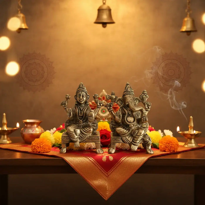 Beautiful brass Lakshmi and Ganesha idols, intricately crafted brass ware.