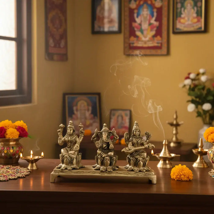 Brass Lakshmi Ganesha Saraswati Idol Set   Brass Ware