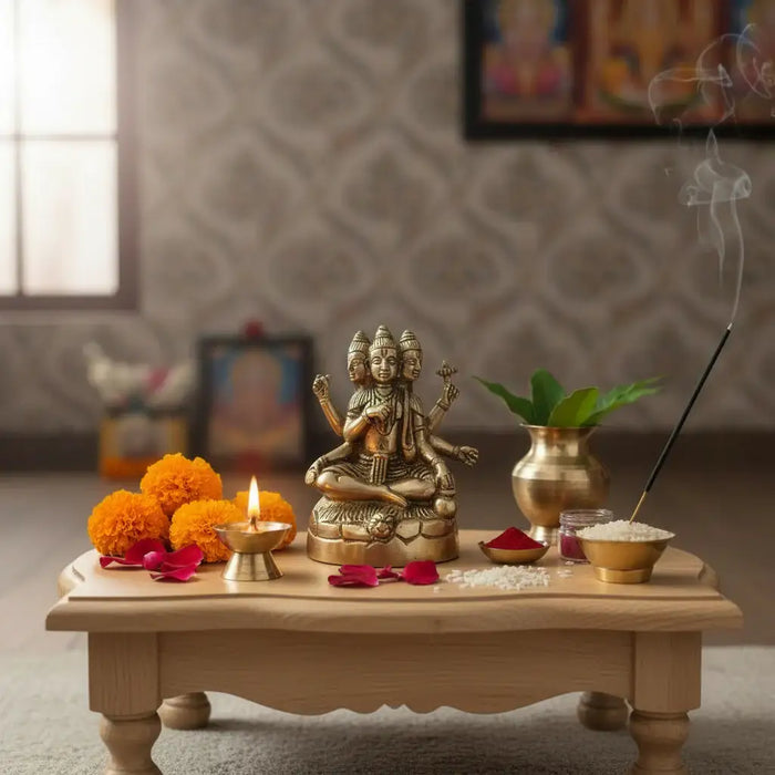 Brass Lord Brahma statue, intricately crafted, perfect for gifting and decor.