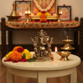 Brass Lord Ganesha Idol – Seated Four-Armed Remover of Obstacles for Auspicious Beginnings   Brass Ware