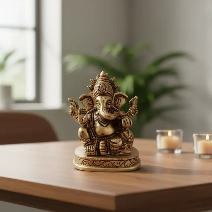 Brass Lord Ganesha Idol – Seated Four-Armed Remover of Obstacles for Auspicious Beginnings   Brass Ware