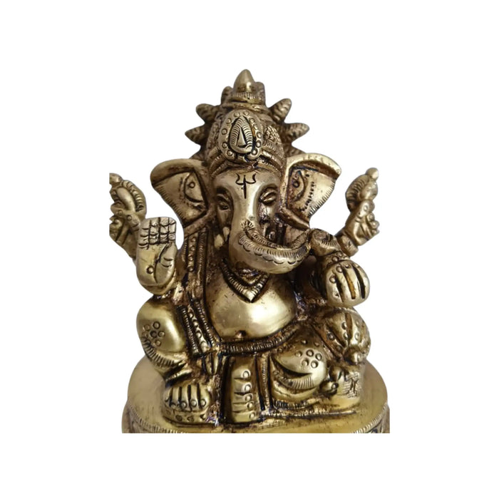 Brass Lord Ganesha Idol – Seated Four-Armed Remover of Obstacles for Auspicious Beginnings   Brass Ware