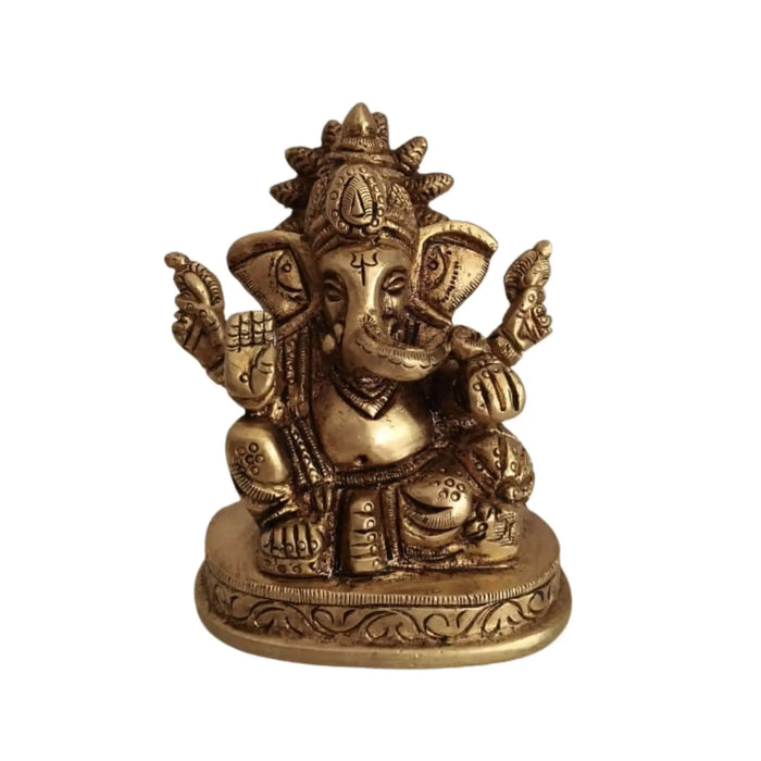 Brass Lord Ganesha Idol – Seated Four-Armed Remover of Obstacles for Auspicious Beginnings   Brass Ware