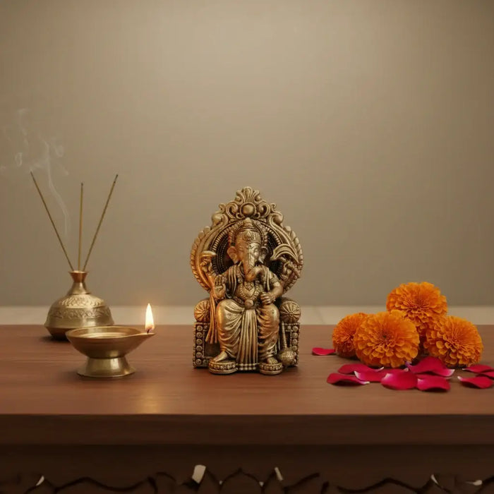 Brass Lord Ganesha Idol Seated on Throne – Royal Vigneshwara   Brass Ware