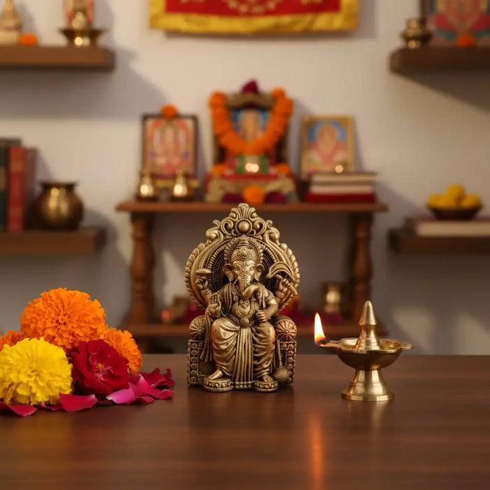 Brass Lord Ganesha Idol Seated on Throne – Royal Vigneshwara   Brass Ware