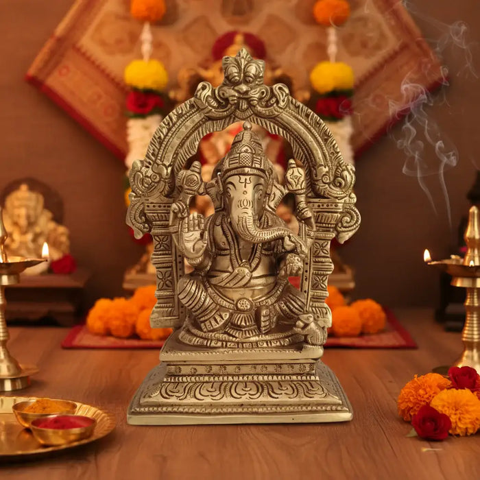 Brass Lord Ganesha Idol with Prabhavali Arch and Elaborate Pedestal   Brass Ware