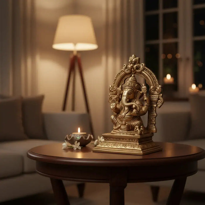 Brass Lord Ganesha Idol with Prabhavali Arch and Elaborate Pedestal   Brass Ware