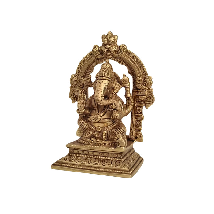 Brass Lord Ganesha Idol with Prabhavali Arch and Elaborate Pedestal   Brass Ware