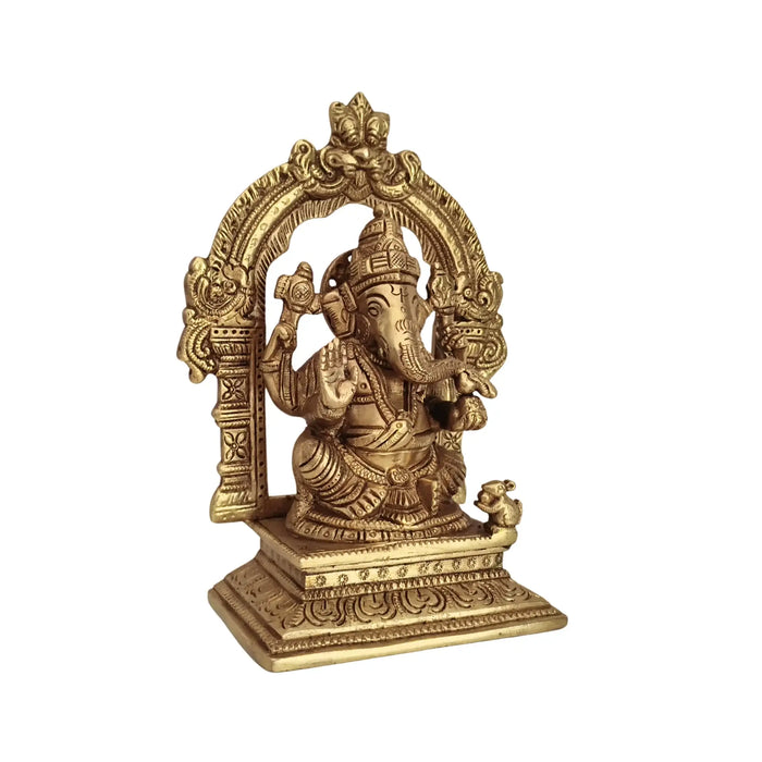 Brass Lord Ganesha Idol with Prabhavali Arch and Elaborate Pedestal   Brass Ware