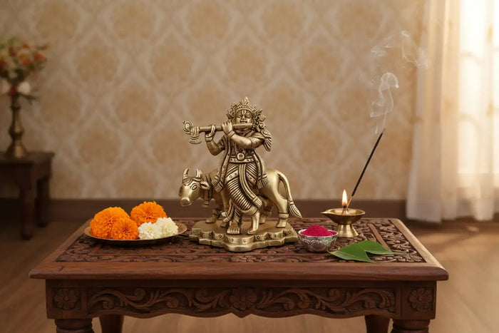 Brass Lord Krishna Playing Flute Idol   Brass Ware