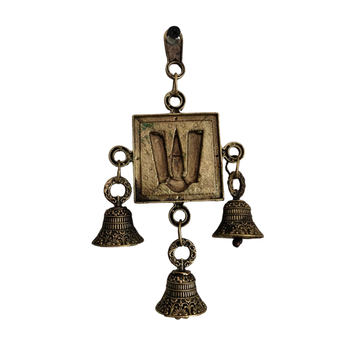 Antique Brass Finish Lord Venkateswara Namam Wall Hanging with Triple Bells   Brass Artwork