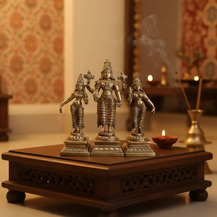 Brass Lord Vishnu Consorts Idol Set Sridevi & Bhudevi / Lakshmi & Saraswati   Brass Ware